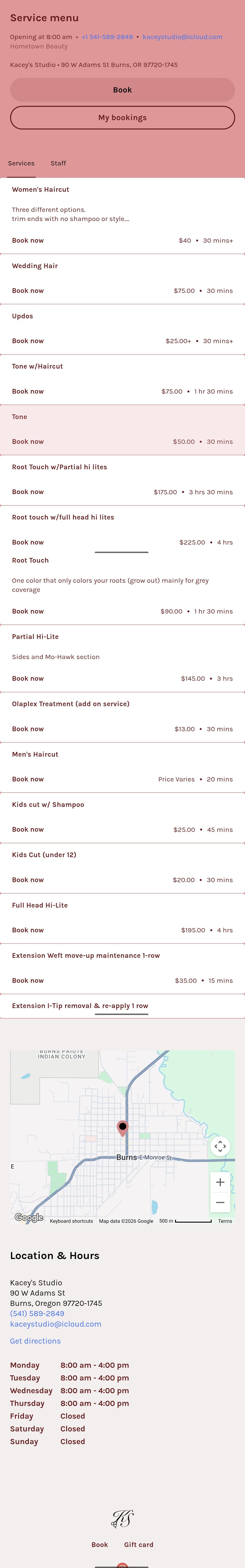 Kacey's Studio old Square booking page